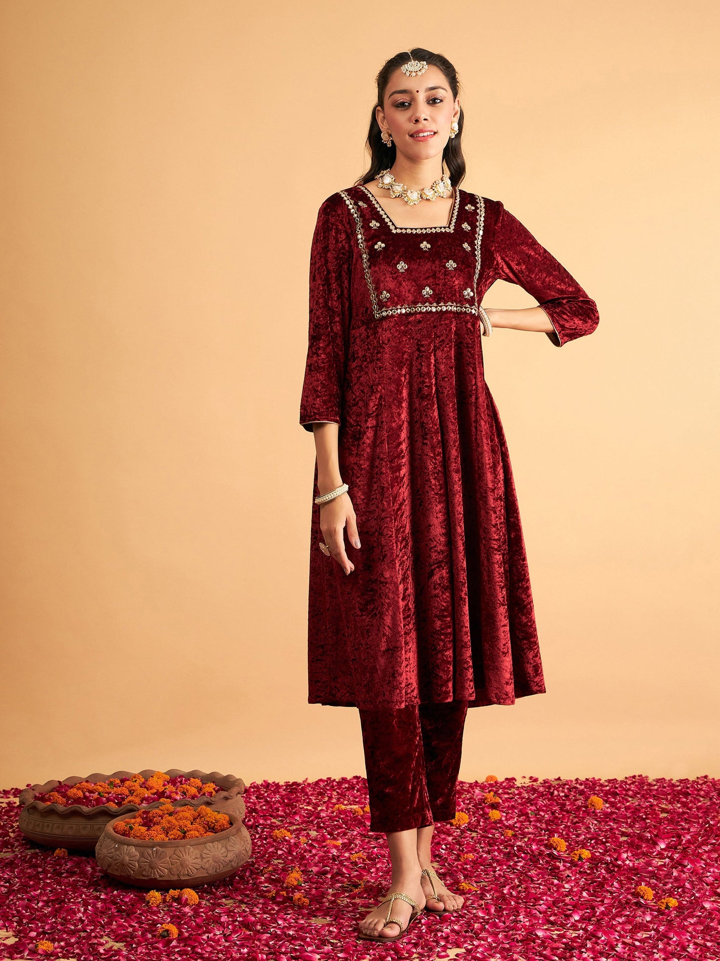 Women Maroon Velvet Embroidered Anarkali Dress