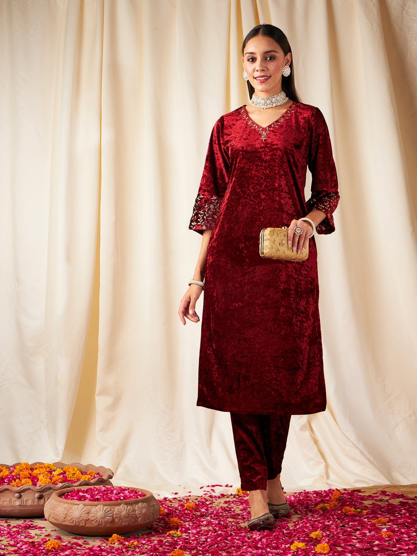 Women Maroon Velvet Sleeve Embroidered Straight Kurta