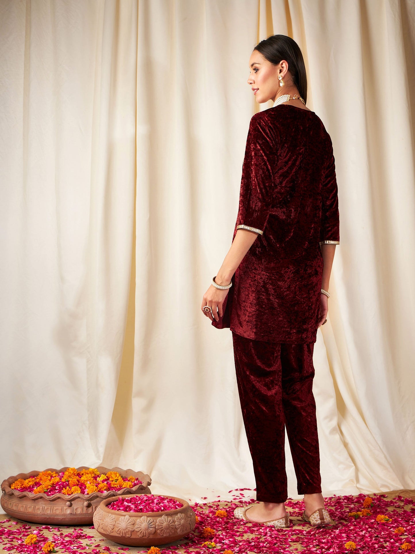 Women Maroon Velvet Embroidered Yoke Short Kurta