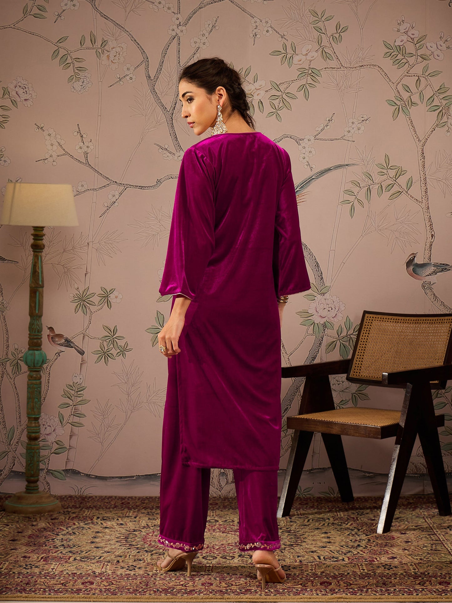 Women Fuchsia Velvet Front Embroidered Kurta