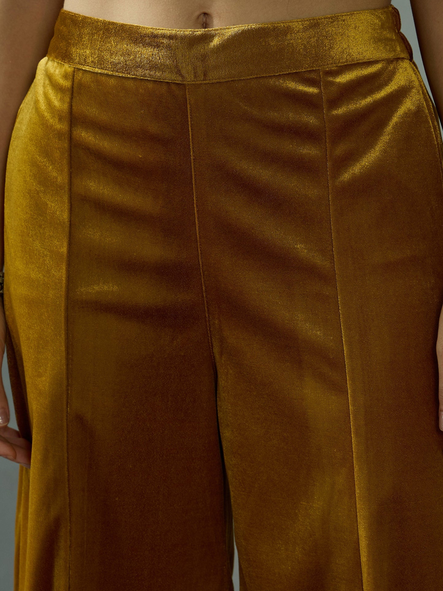 Women Mustard Velvet Embroidered Peplum Top With Palazzos