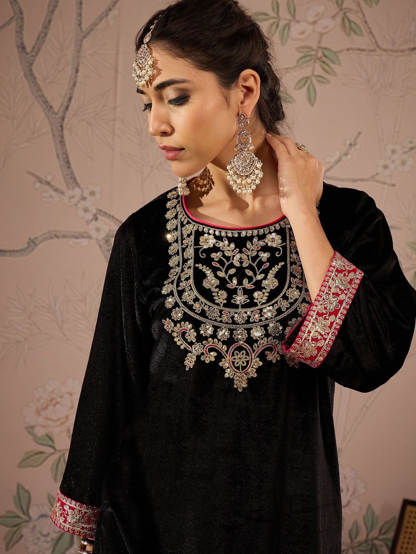 Women Black Velvet Embroidered Short Kurta With Straight Pants