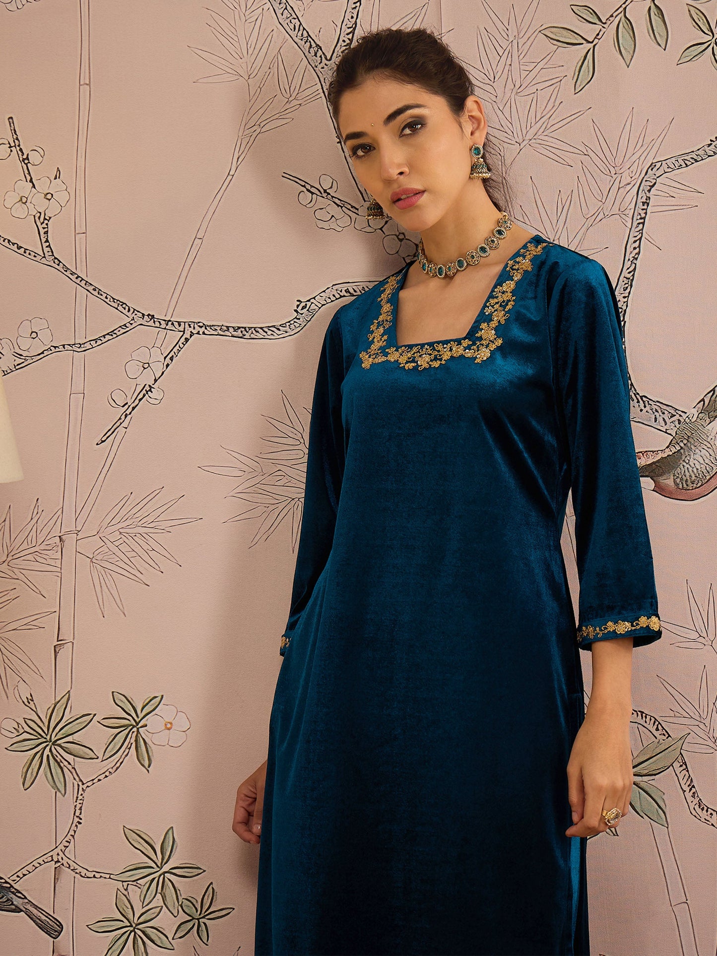 Women Teal Velvet Embroidered Straight Kurta With Afghani Pants