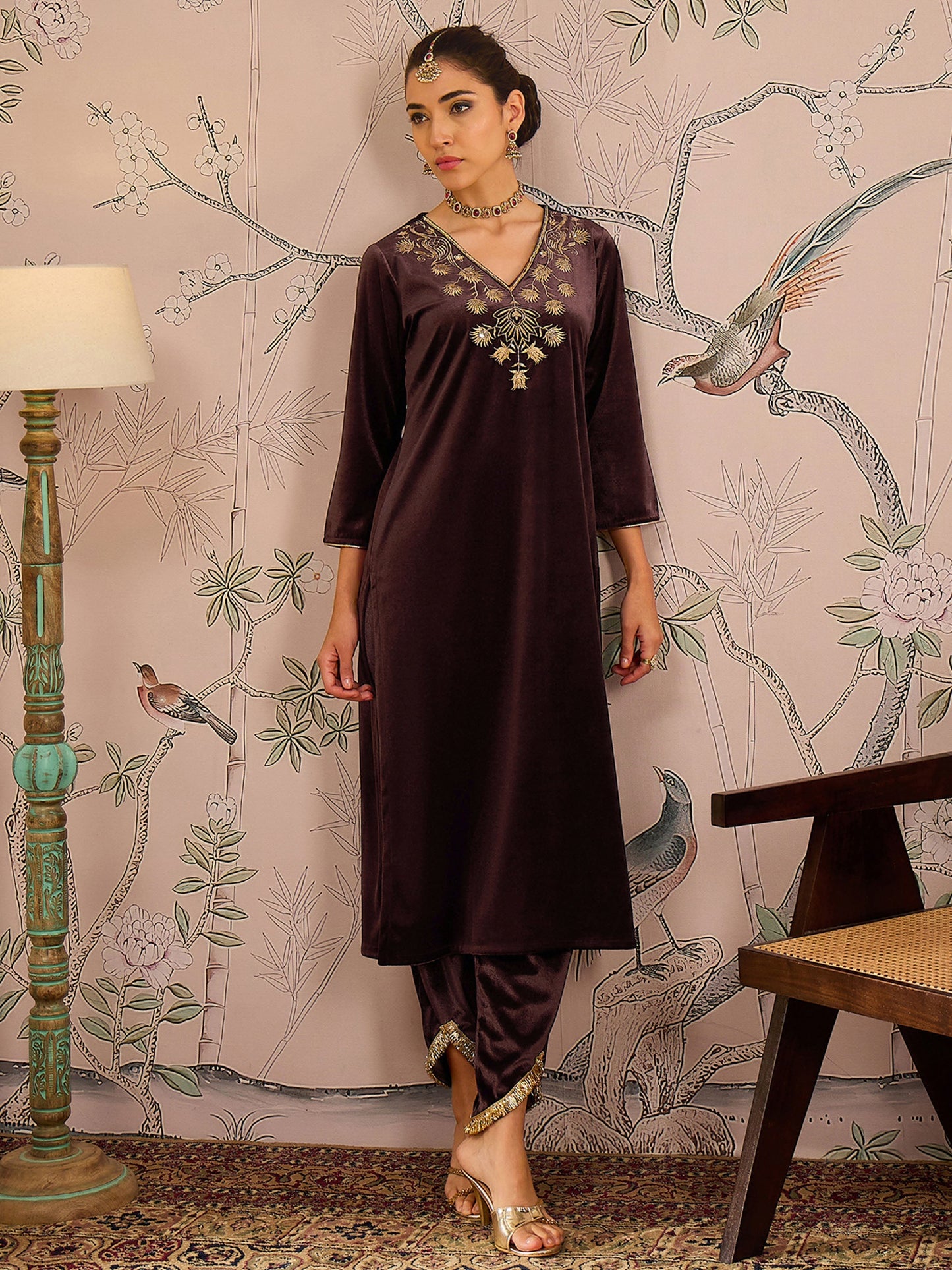 Women Brown Velvet V-Neck Front Embroidered Kurta