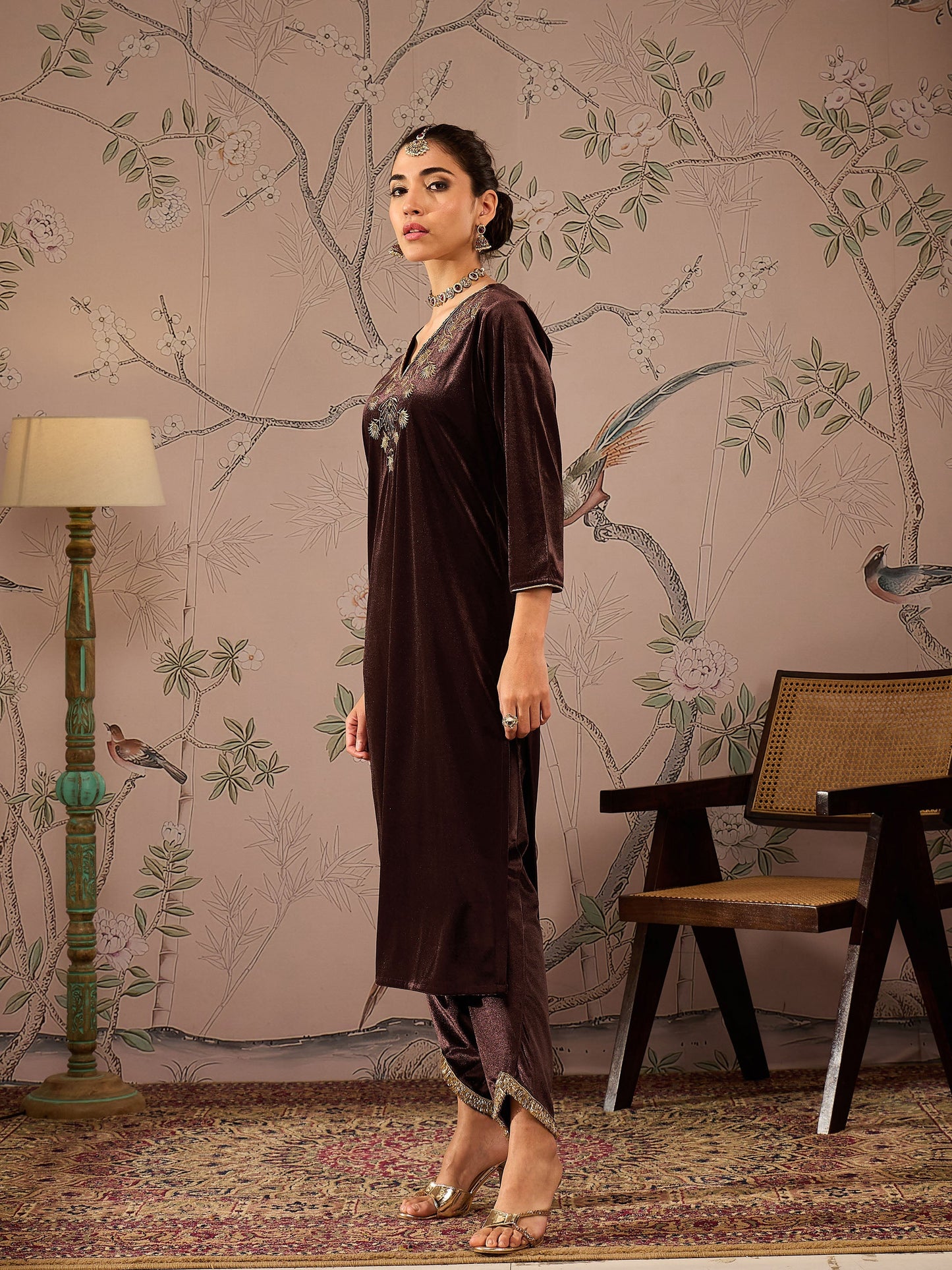 Women Brown Velvet V-Neck Front Embroidered Kurta