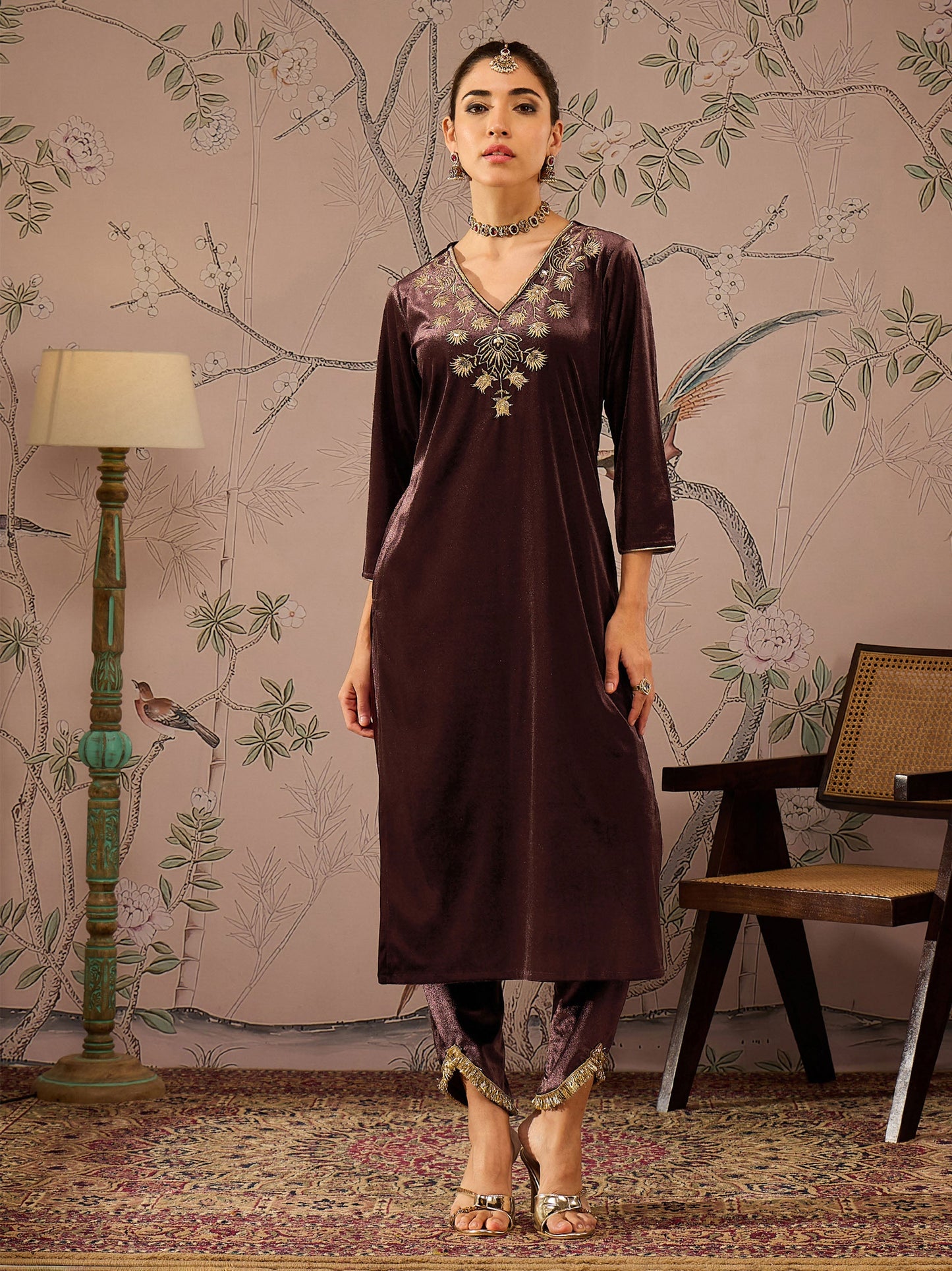 Women Brown Velvet V Neck Embroidered Kurta With Tulip Pants