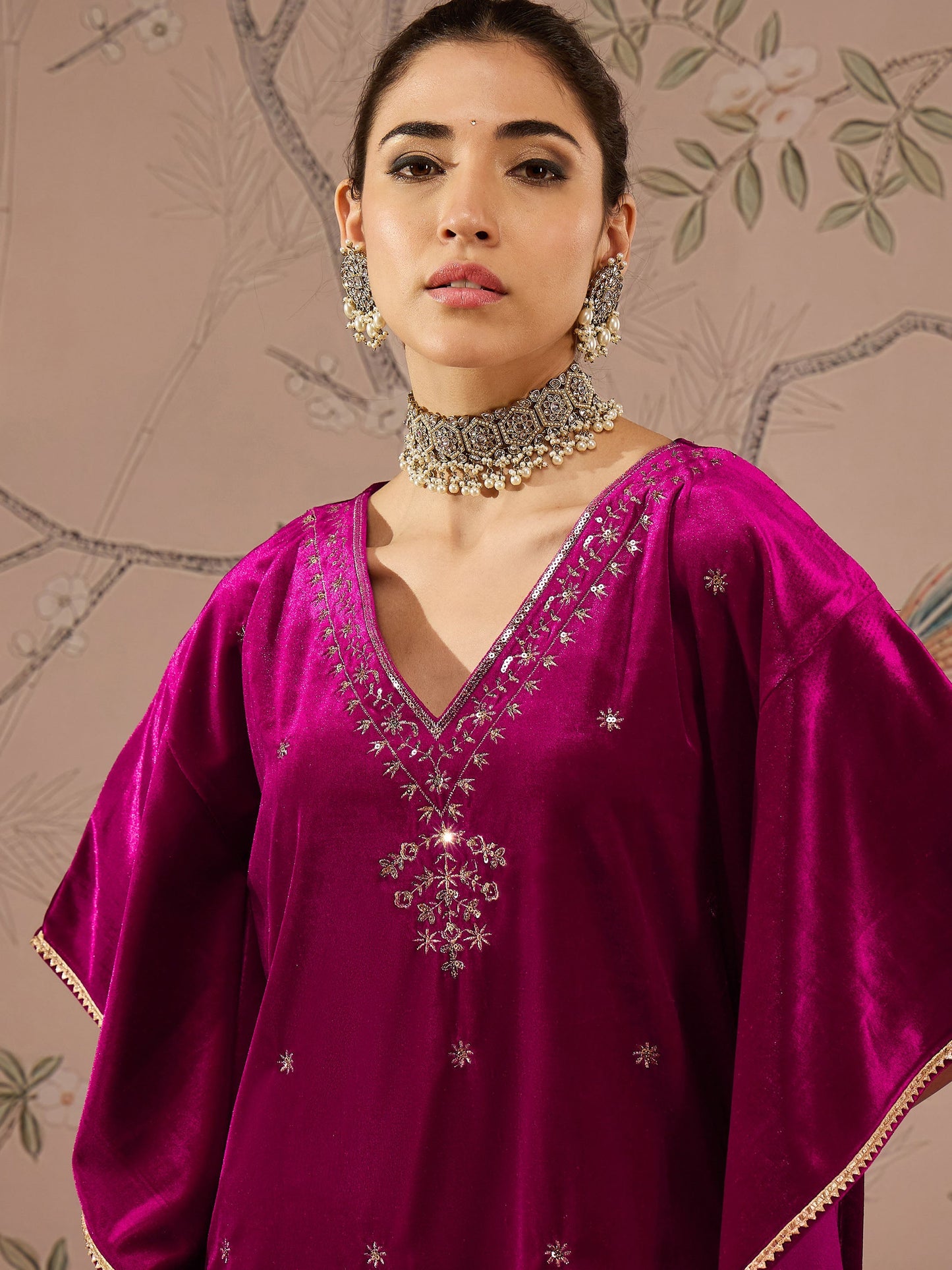 Women Fuchsia Velvet Front Embroidered Kaftan Kurta