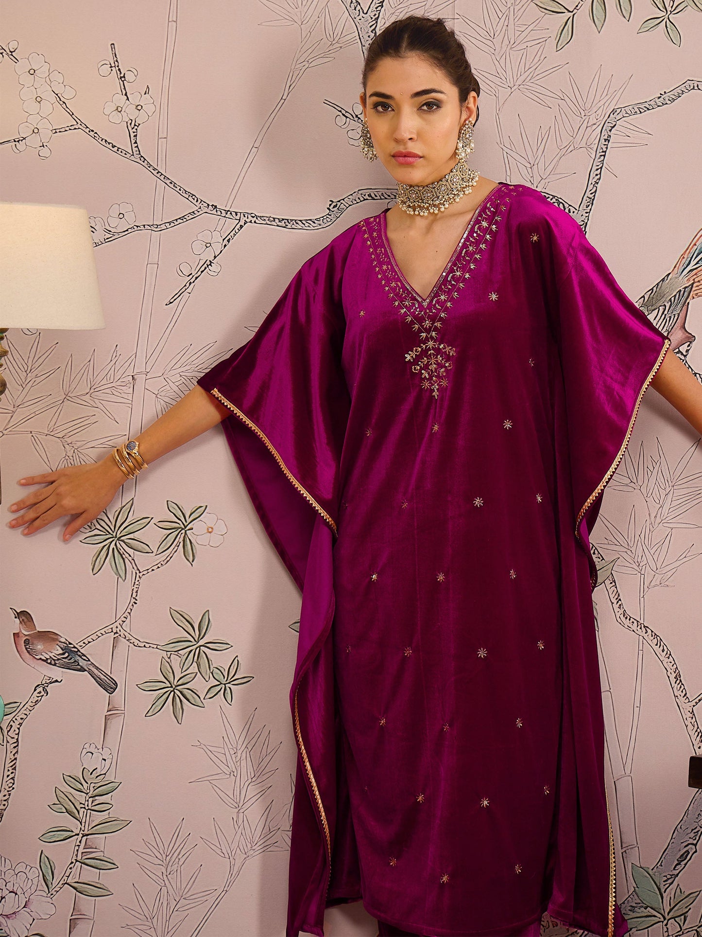 Women Fuchsia Velvet Embroidered Kaftan Kurta With Straight Pants