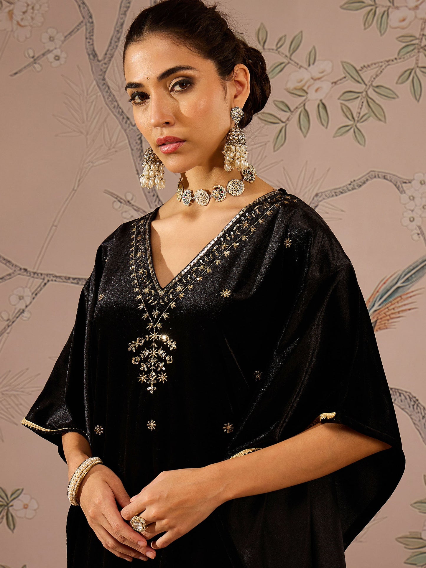 Women Black Velvet Front Embroidered Kaftan Kurta