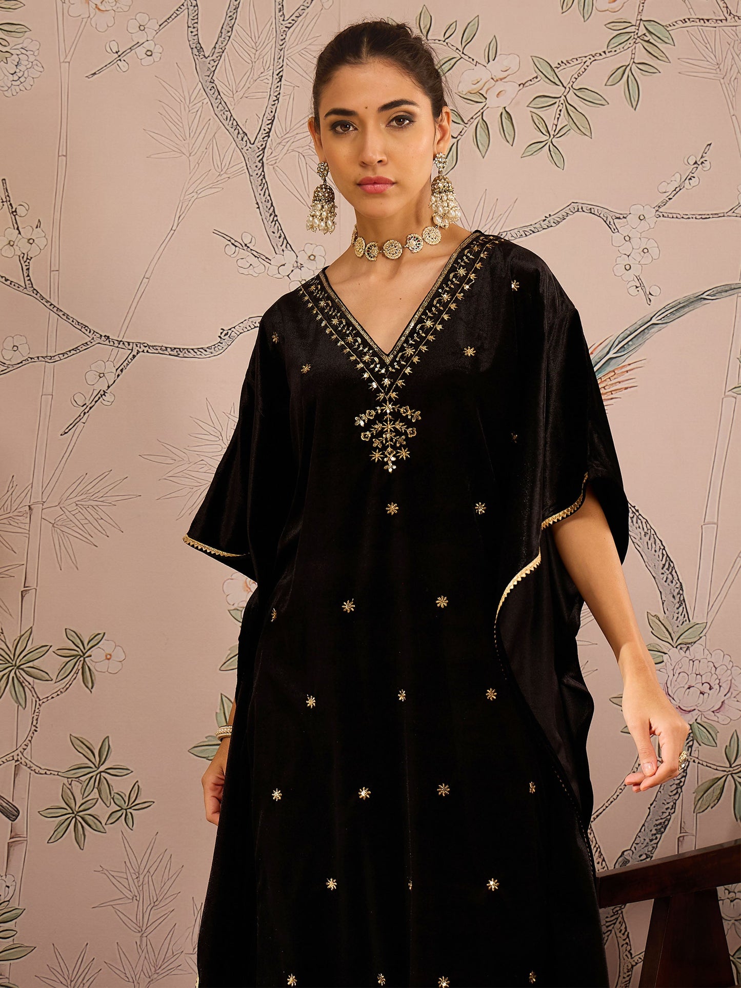 Women Black Velvet Front Embroidered Kaftan Kurta