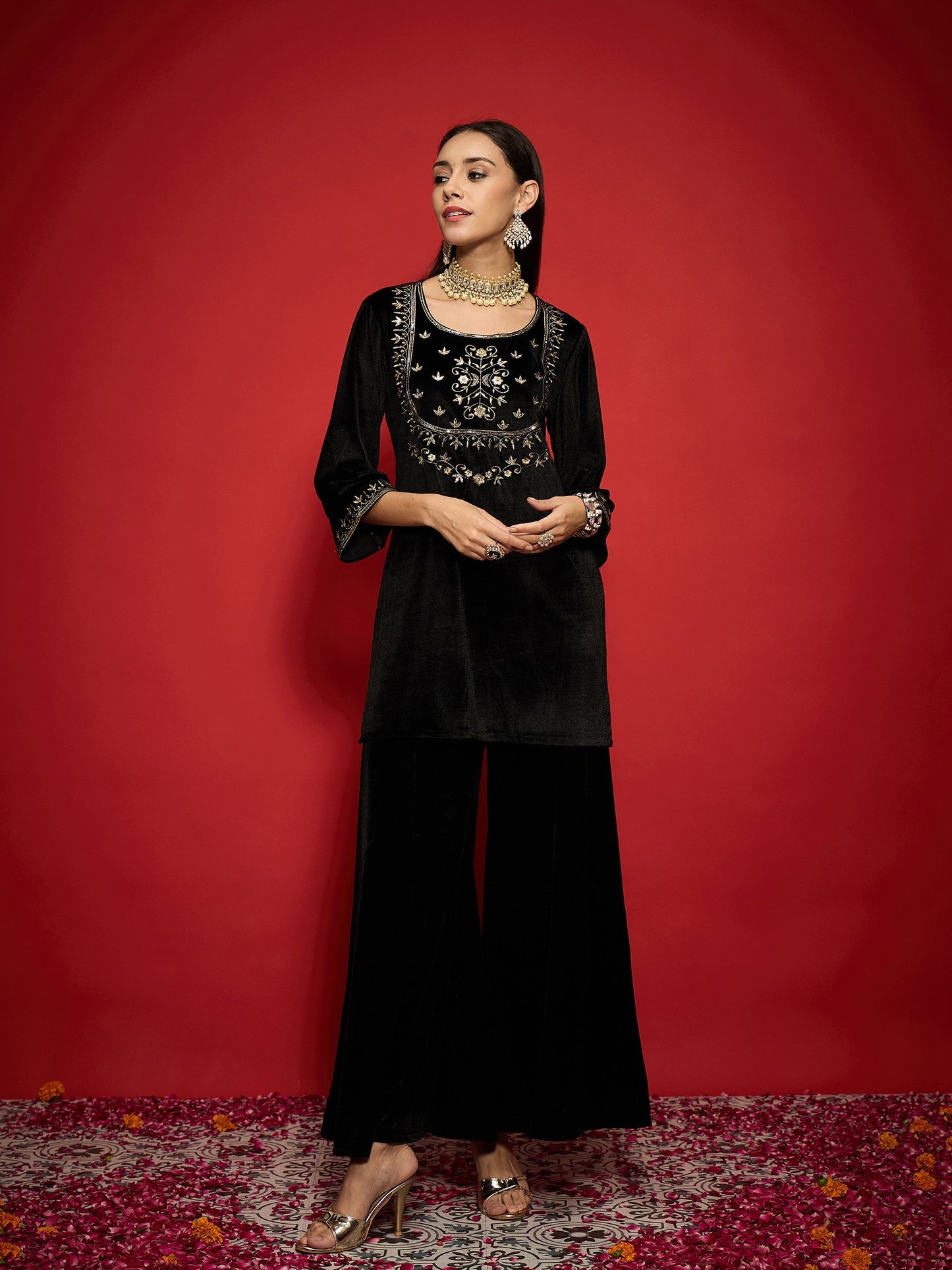 Women Black Velvet Embroidered Round Neck Short Kurta