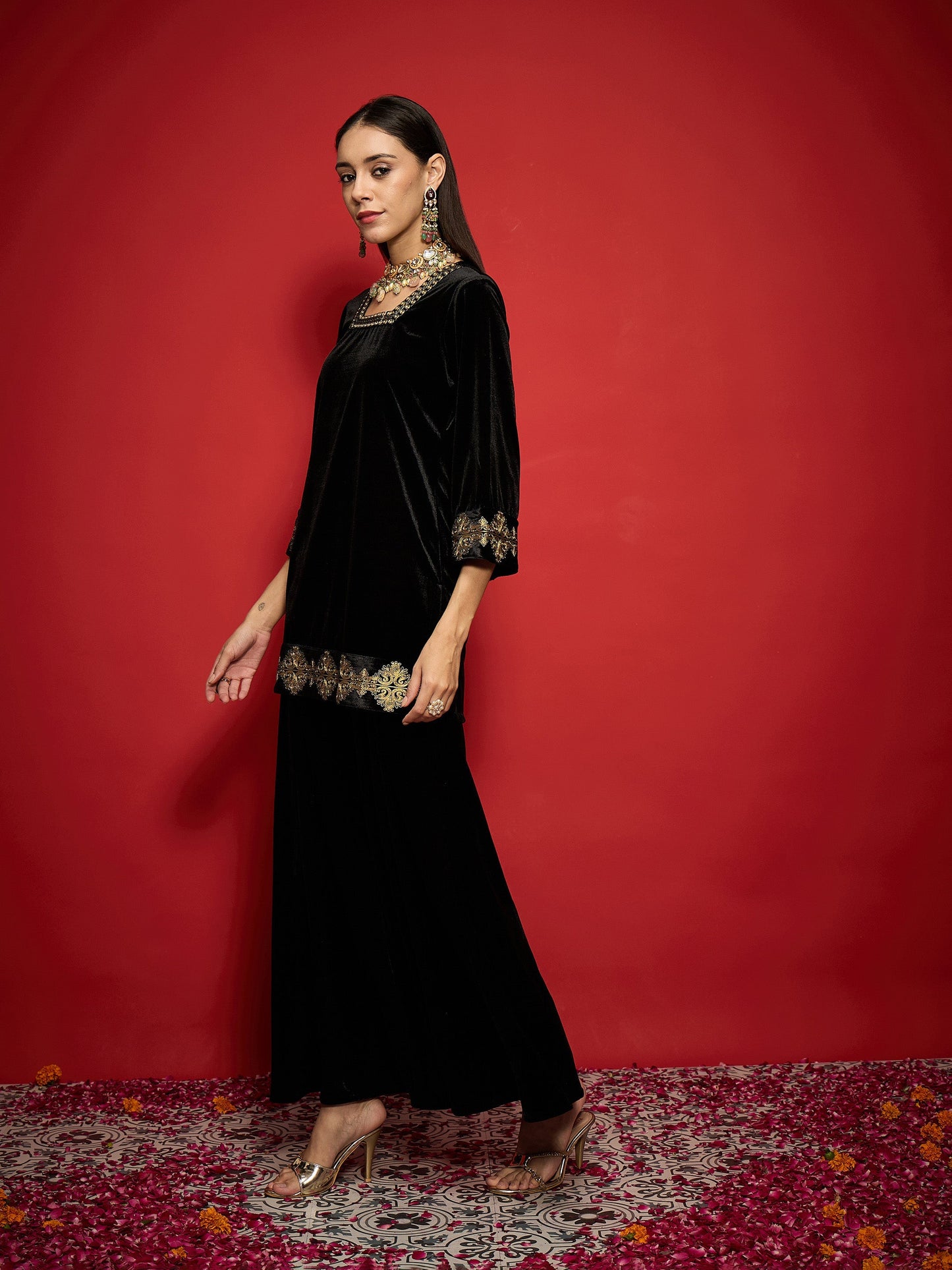 Women Black Velvet Front Embroidered Glass Neck Short Kurta