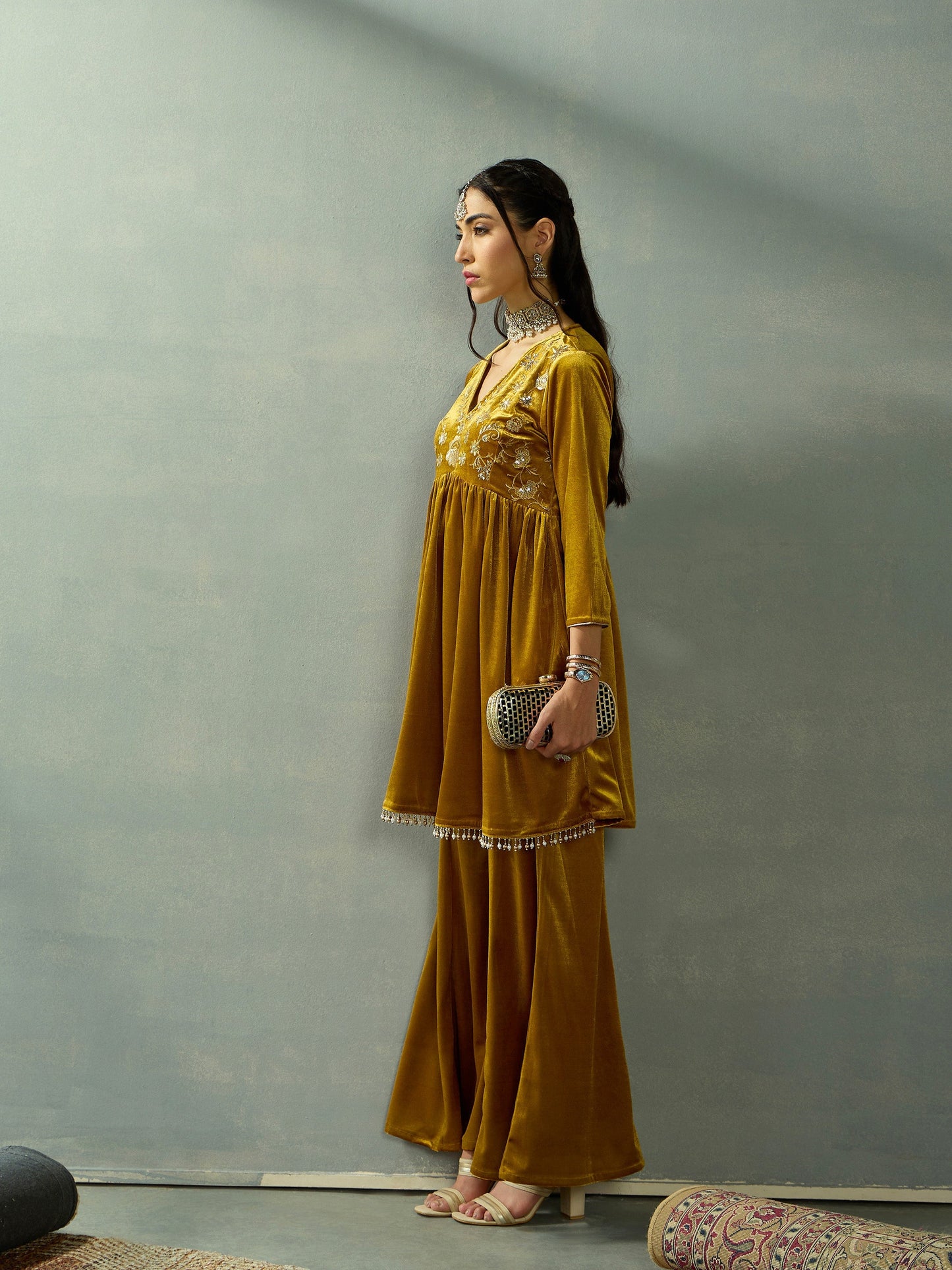 Women Mustard Velvet Embroidered Peplum Top With Palazzos