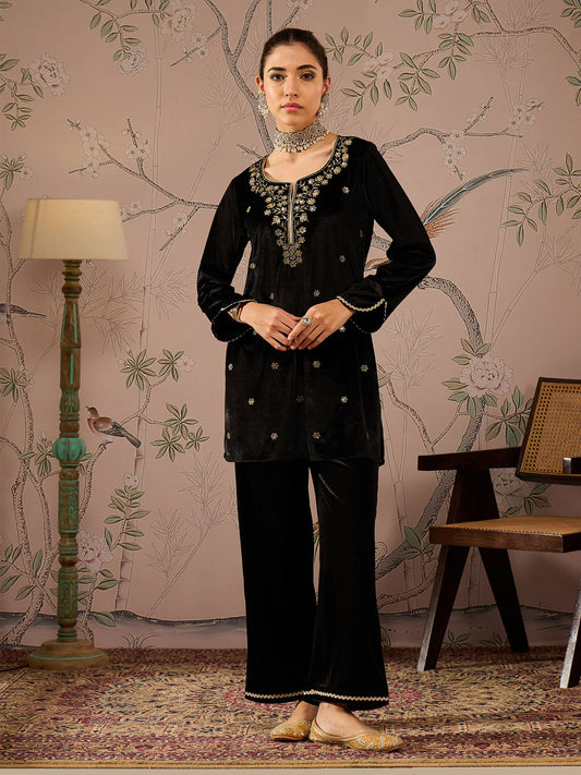 Women Black Velvet Embroidered Short Kurta With Straight Pants