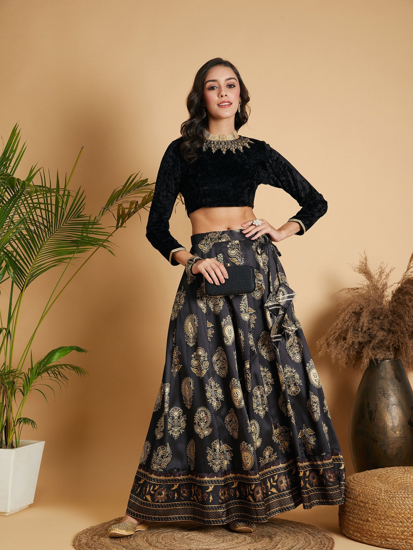 Women Black Velvet Embroidered Full Sleeves Crop Top