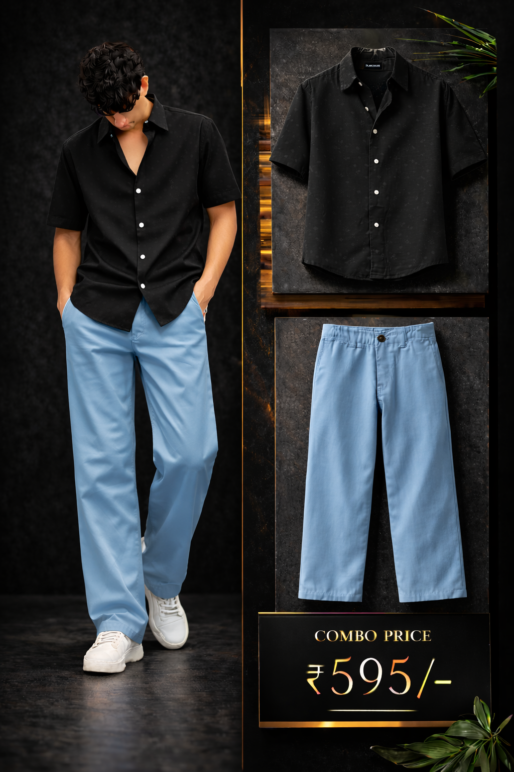 Men’s Premium Black Half Sleeve Shirt with Sky Blue Trouser Combo Set | Stylish Casual Outfit for Men | Regular Fit