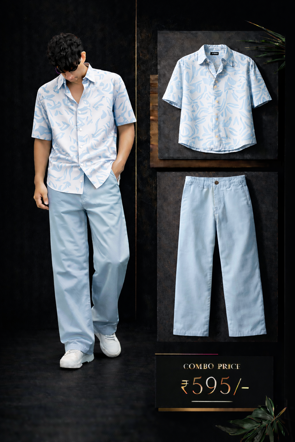Men’s Premium Light Blue Printed Shirt with Sky Blue Trouser Combo Set | Stylish Casual Outfit for Men | Regular Fit